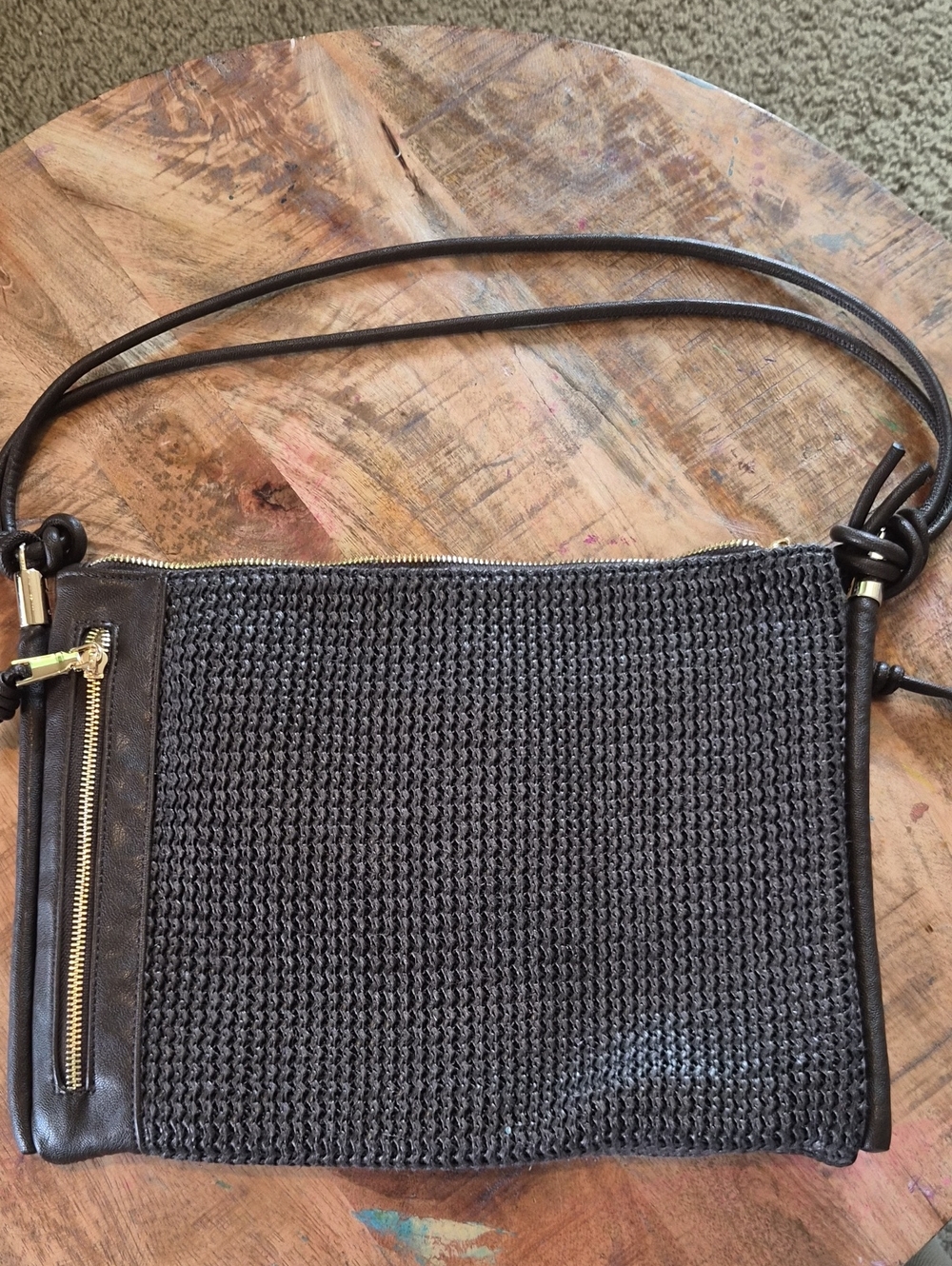 Dolce Vita Woven Leather Shoulder Bag in Dark Brown